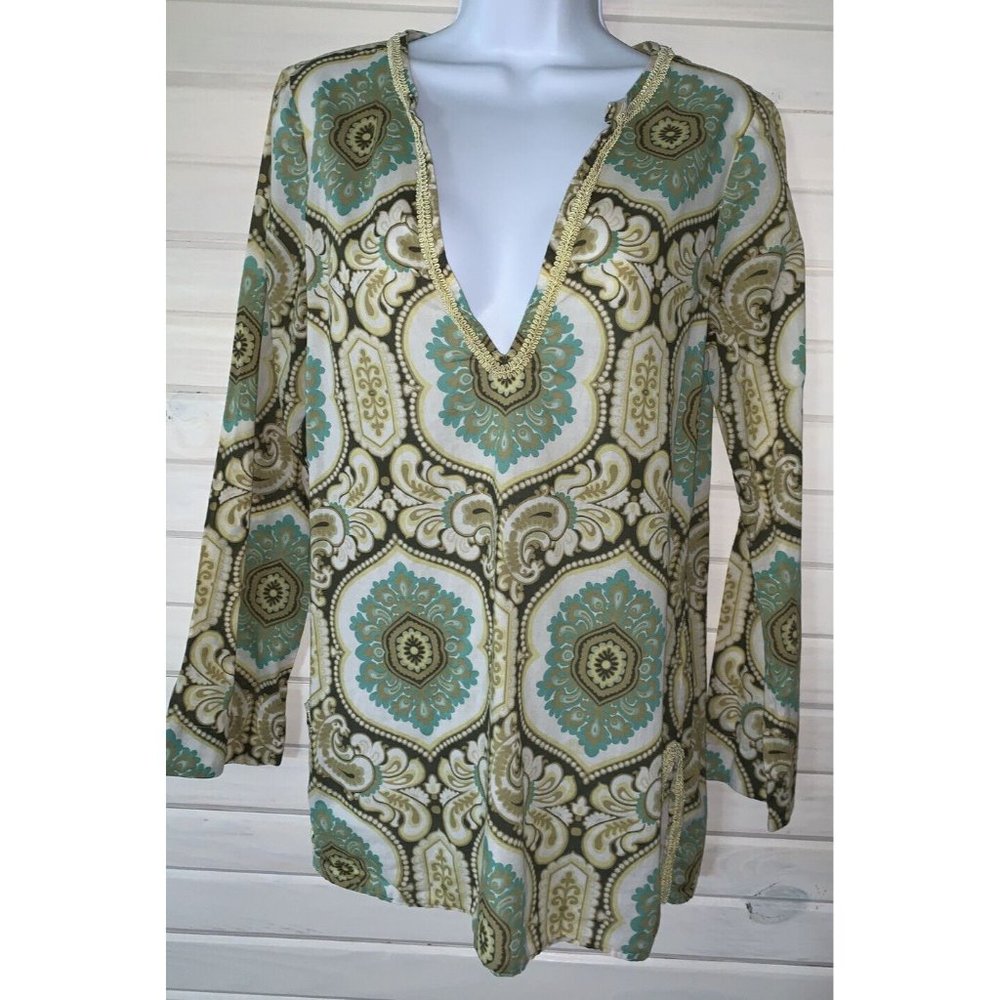 Tommy Bahama Sz SMALL Mandala Khaki Green 100% Cotton Tunic Long Sleeve VGUC - Picture 3 of 9